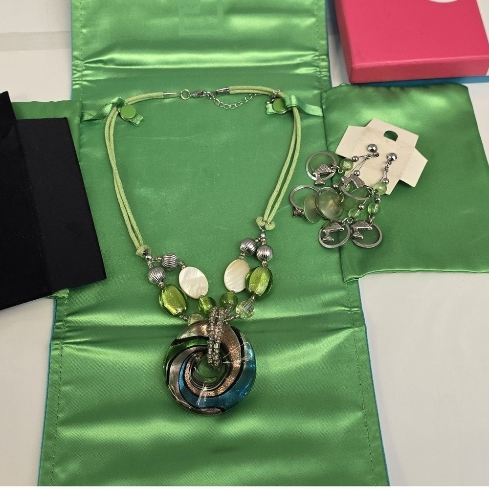 Art Glass Jewelry Set Green Blue Swirl‎ Pendant Necklace Egyptian Drop Earrings